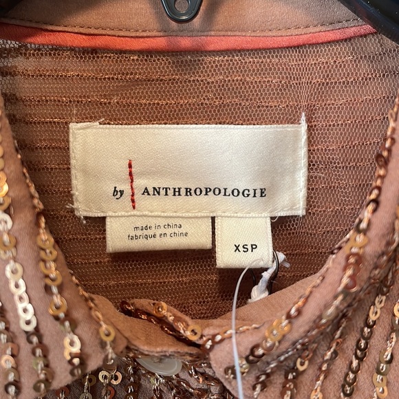 Anthropologie Bronze Sequin Blouse $130 Top XS Small Petite L/S Button Down NWT - Picture 5 of 12